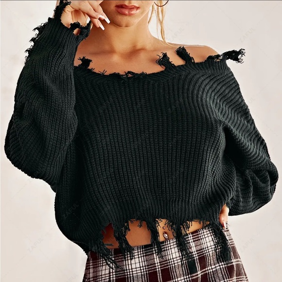 Off the shoulder black knitted sweater - Picture 1 of 8